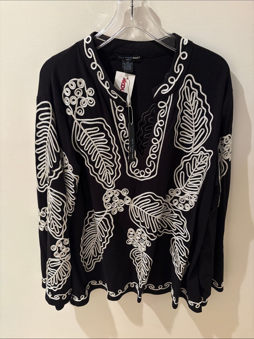 Robert Graham Black Tunic with White Embroidered Leaf Motif